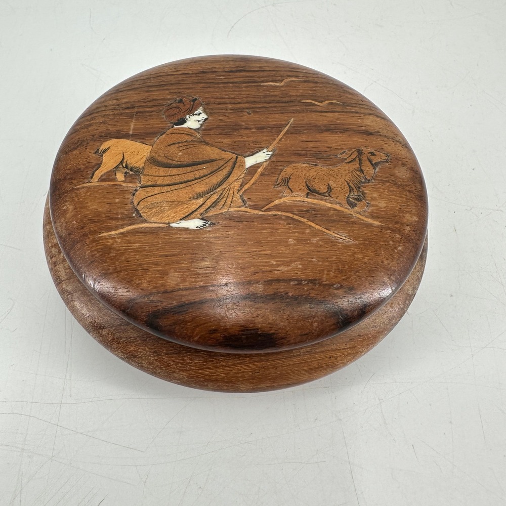 Vintage Handcrafted Round Wooden Trinket Box Shepherd Scene Folk Art Inlay